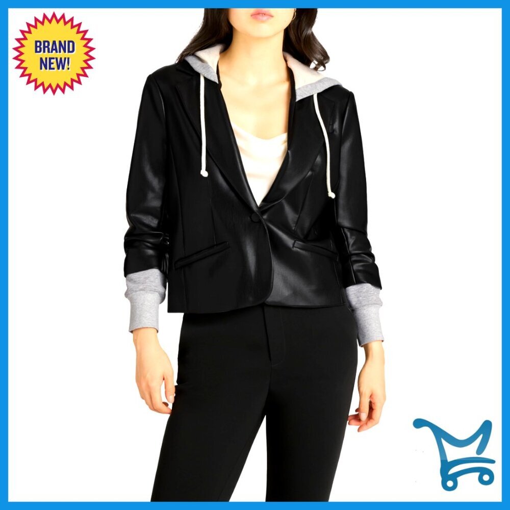 Vegan Leather Hooded Blazer Jacket Fleece Lined Shorter Length